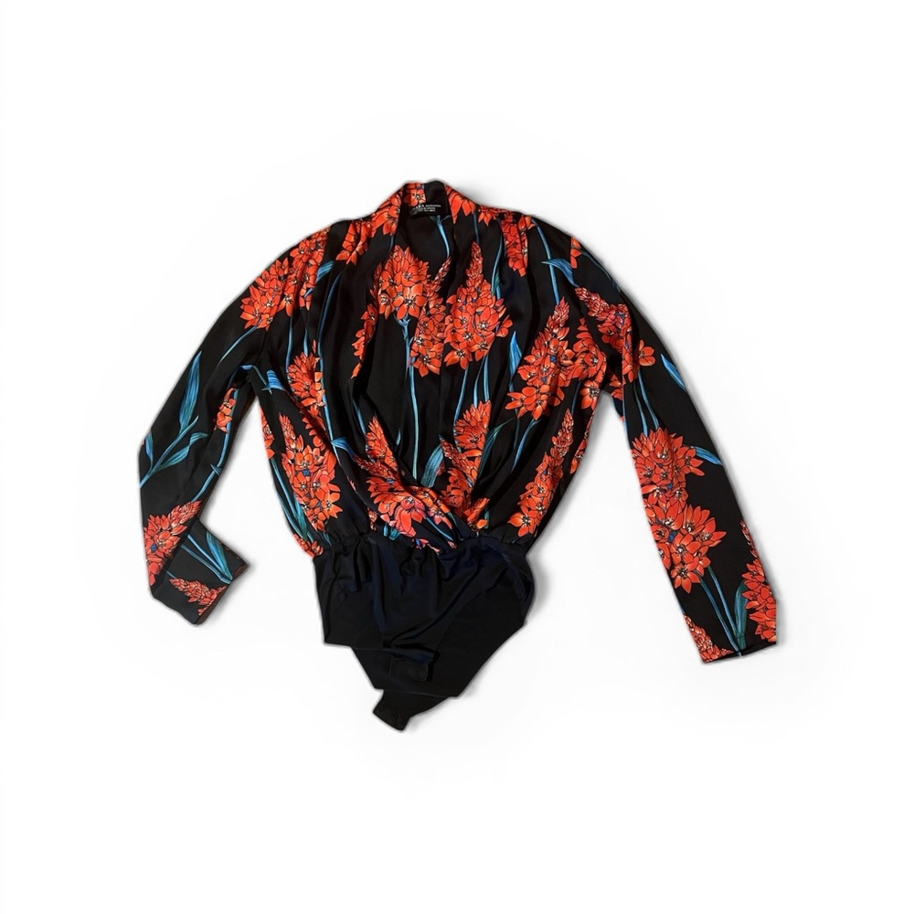 Zara Floral Long Sleeve Bodysuit Black Red Wrap‎ V-Neck Surplice Top Small